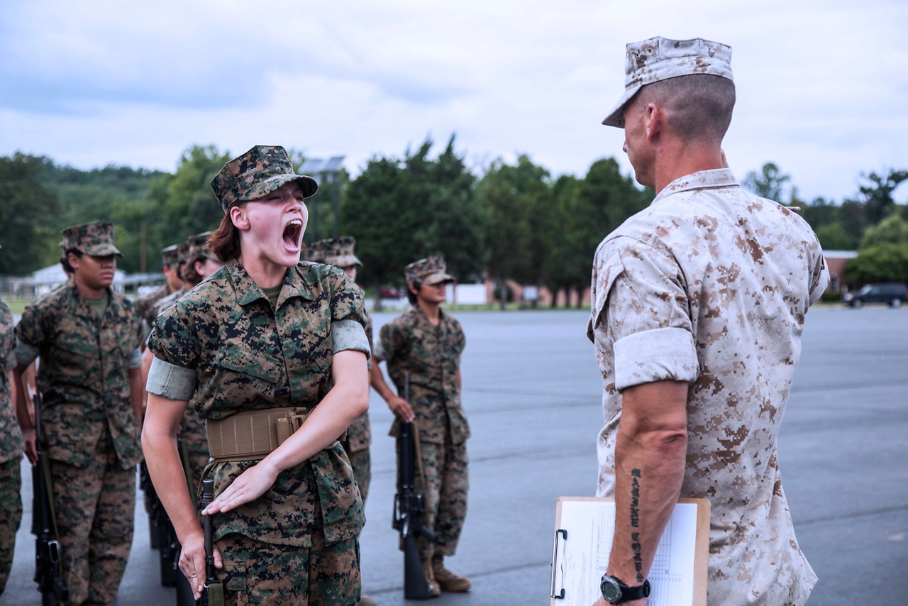Candidates with Lima Company, Officer Candidate School (OCS), are evaluated in close order drill aboard Marine Corps Base Quantico, Va., August 3, 2016. The mission of OCS is to educate and train officer candidates in order to evaluate and screen individuals for qualities required for commissioning as a Marine Corps officer. (U.S. Marine Corps Combat Camera photo by Lance Cpl. Jose Villalobosrocha/Released)