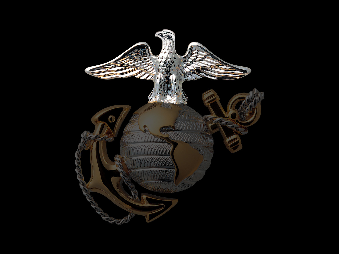 Marine Corps Eagle Globe and Anchor emblem with illuminated silver eagle against dark background.