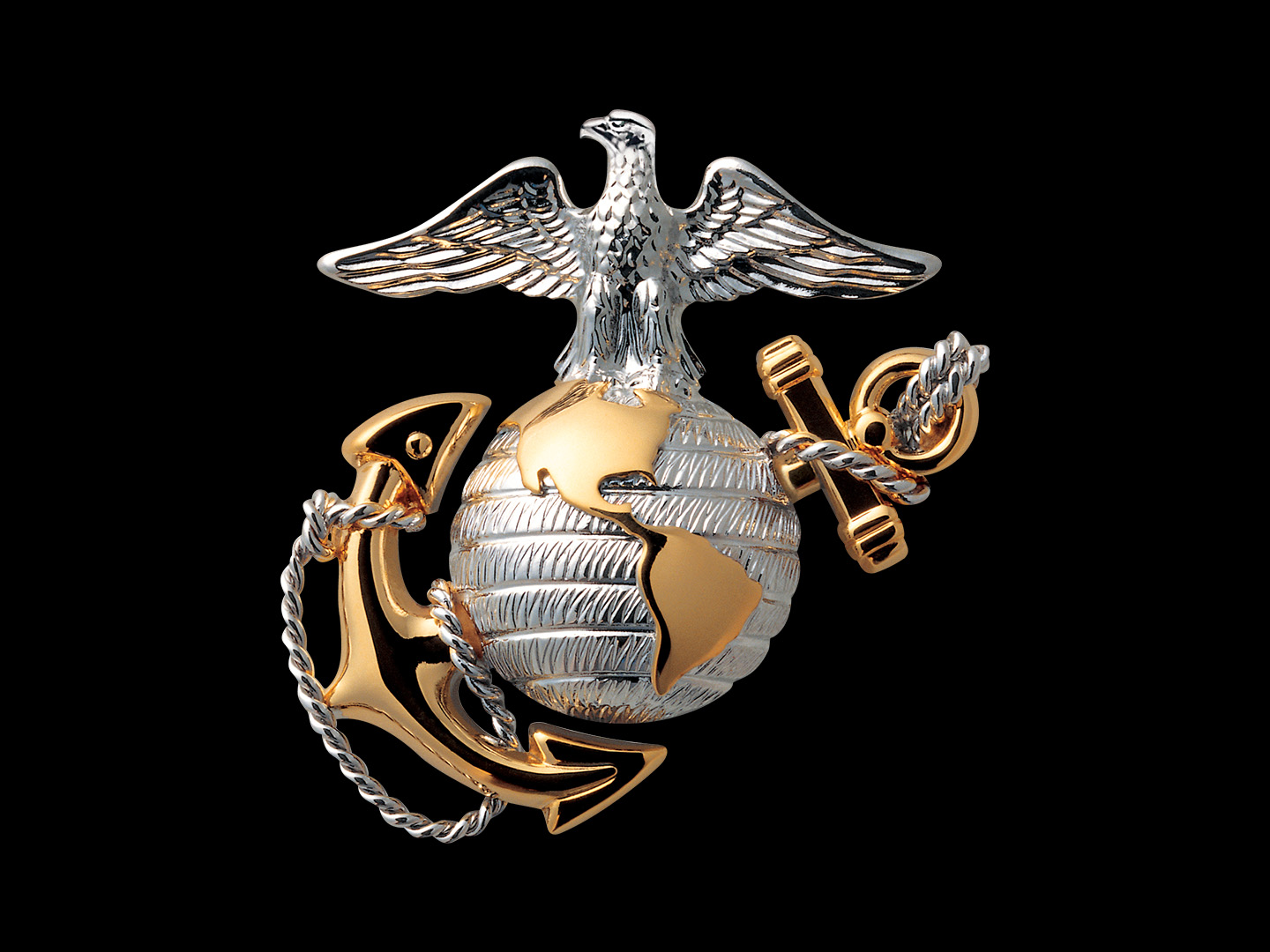 Marine Corps Eagle Globe and Anchor emblem in silver and gold on black background.