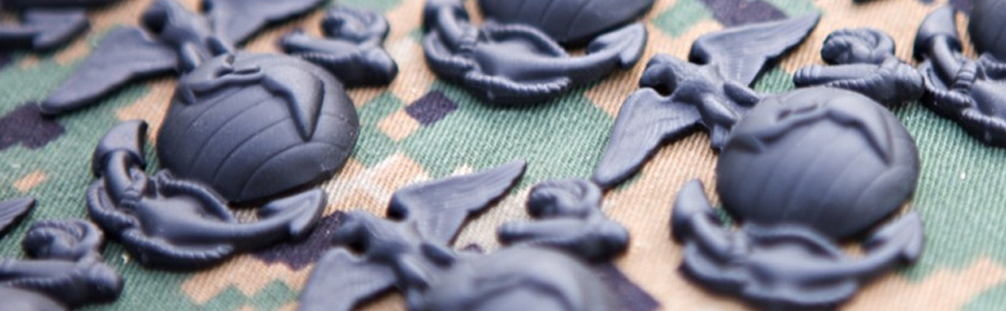 Dark gray Marine Corps emblems (eagle, globe, and anchor) scattered on a green and brown camouflage fabric.