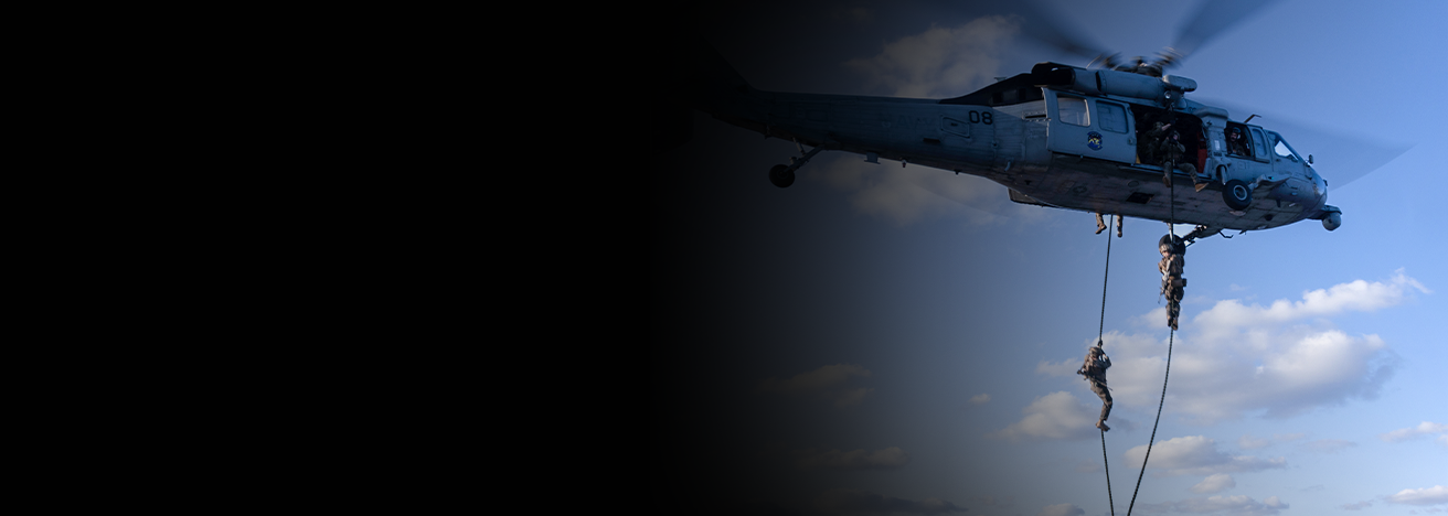 Marines fast-roping from military helicopter during aerial insertion training exercise.